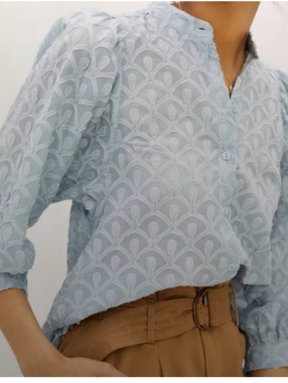 Light Blue Textured Button-Front Women's Top